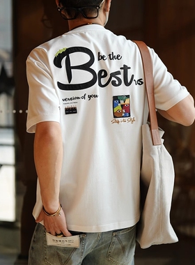 32支三本针精梳纯棉t恤卡通贴布字母刺绣短袖男夏季新款潮牌痞帅