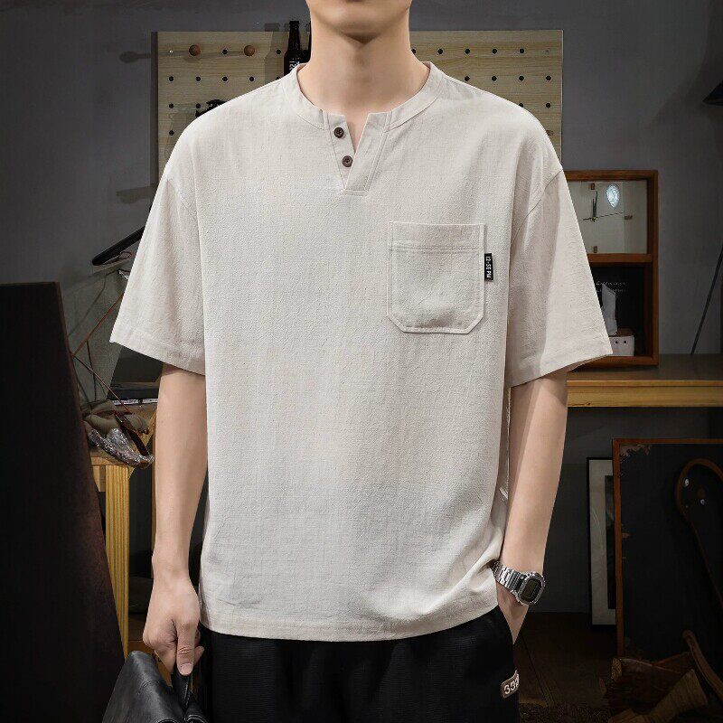 高级亚麻肌理感透气休闲短袖