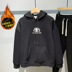 冬季复古连帽外套美式重磅加绒加厚卫衣男潮牌带帽印花袋鼠兜上衣