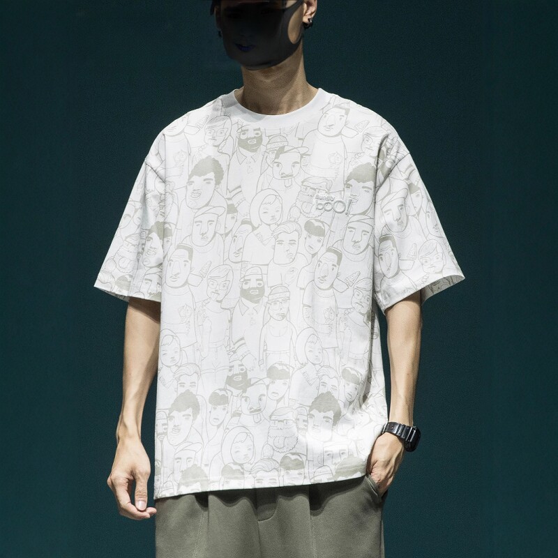 美式重磅短袖T恤男士夏季新款纯棉满印刺绣国潮半袖宽松大码体恤