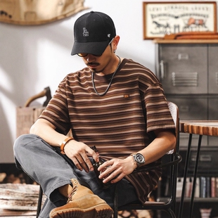美式复古重磅条纹t恤短袖男款夏季2026新款潮牌宽松潮流男士上衣