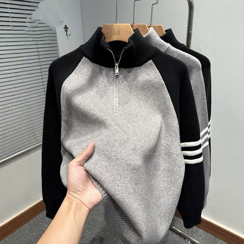 拼色插肩袖拉链半高领毛衣男款冬