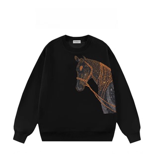 新春马年潮牌高奢满钻3D立体骏马卫衣轻奢时尚百搭痞帅长袖上衣男