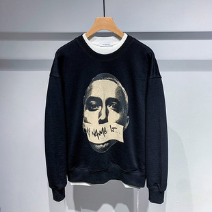 TELINLU秋季欧美人头印花卫衣高街潮牌炸街宽松圆领落肩针织上衣