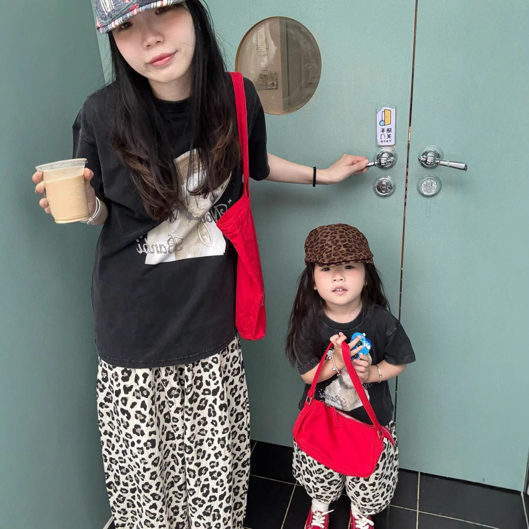 夏季2026女童新款美式复古小狗印花亲子短袖T恤女装圆领宽松显瘦
