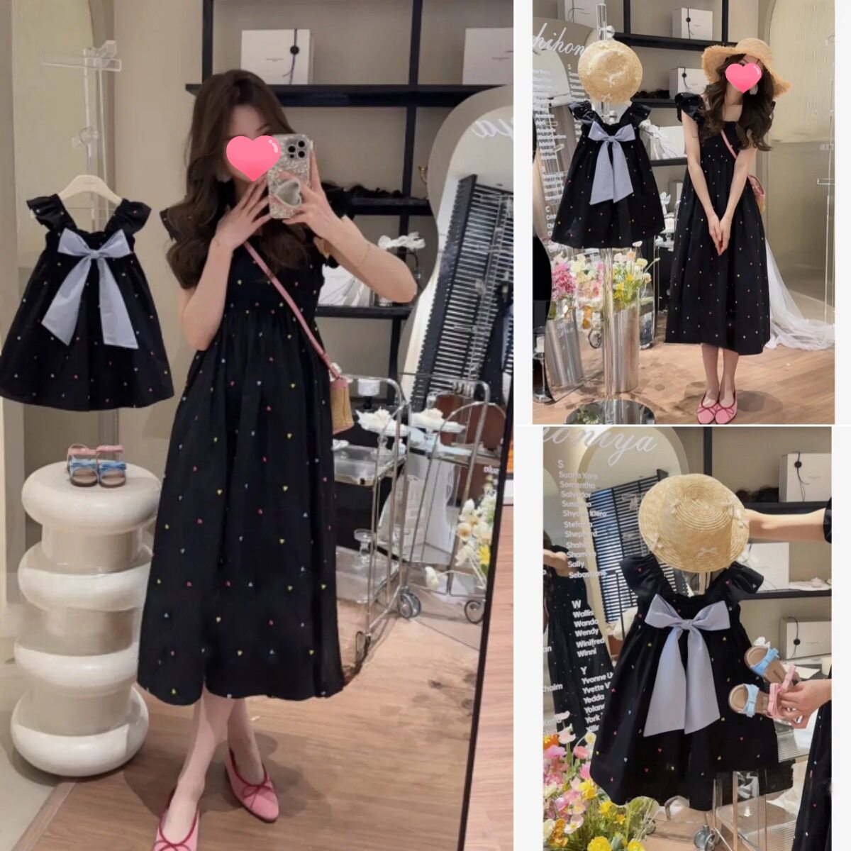 韩版亲子装夏季甜美爱心绣花飞袖连衣裙蝴蝶结a类棉布裙母女