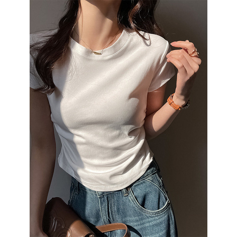 莫代尔圆领收腰高级感正肩短袖t恤女装韩版夏季纯色简约经典上衣