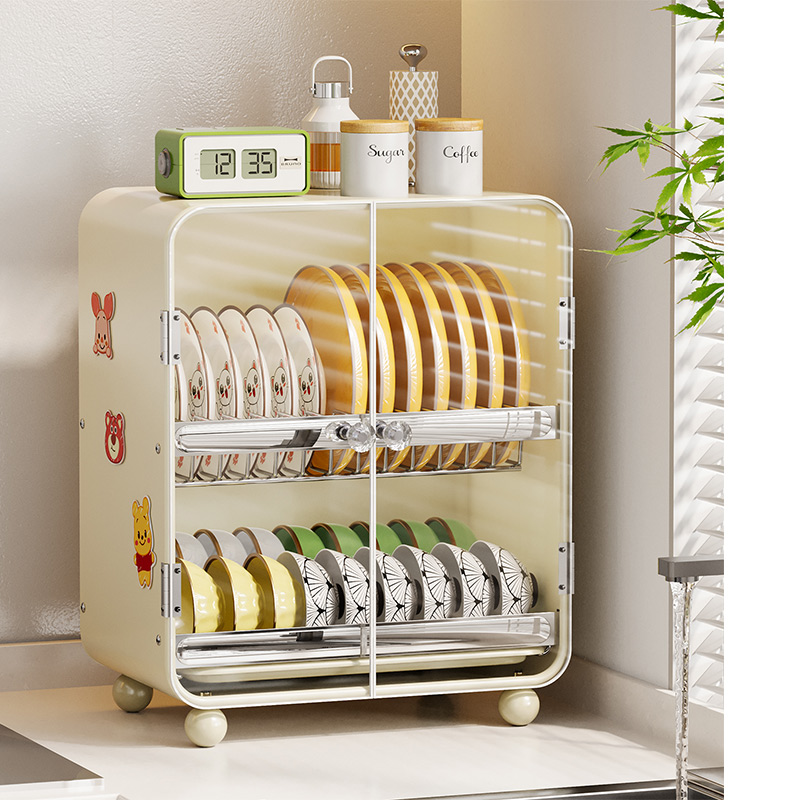 碗碟收纳架双开门厨房碗柜餐具沥水碗筷防尘收纳盒多功能置物架