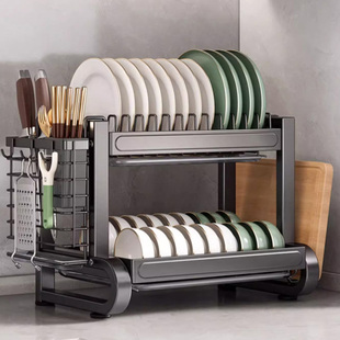 不锈钢碗碟沥水架双层碗架收纳层架厨房台面家用放碗盘碗筷置物架