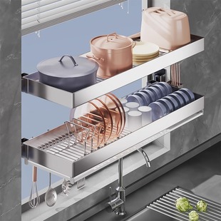 碗架壁挂式304不锈钢碗碟沥水架厨房免打孔碗盘筷子筒置物架