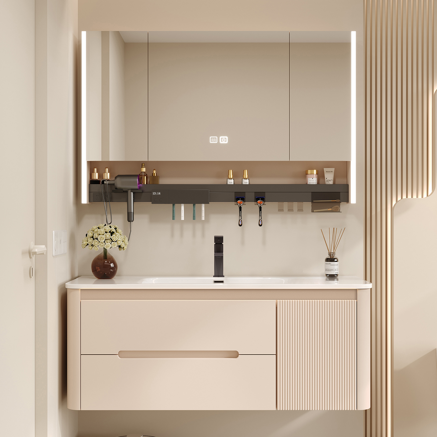 新款卫生间奶油风智能浴室柜多层实木陶瓷一体盆洗手洗脸盆柜组合