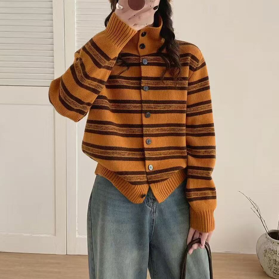 欧美风高端气质条纹针织开衫上衣女秋冬季减龄百搭毛衣外套打底衫,女装/女士精品,毛衣,淘宝优惠券,粉丝福利购,淘宝优惠卷