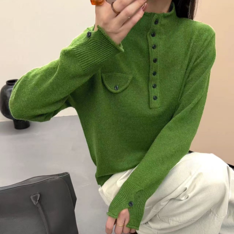 半高领口袋针织衫女宽松打底毛衣
