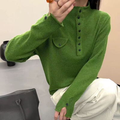 半高领口袋针织衫女宽松打底毛衣