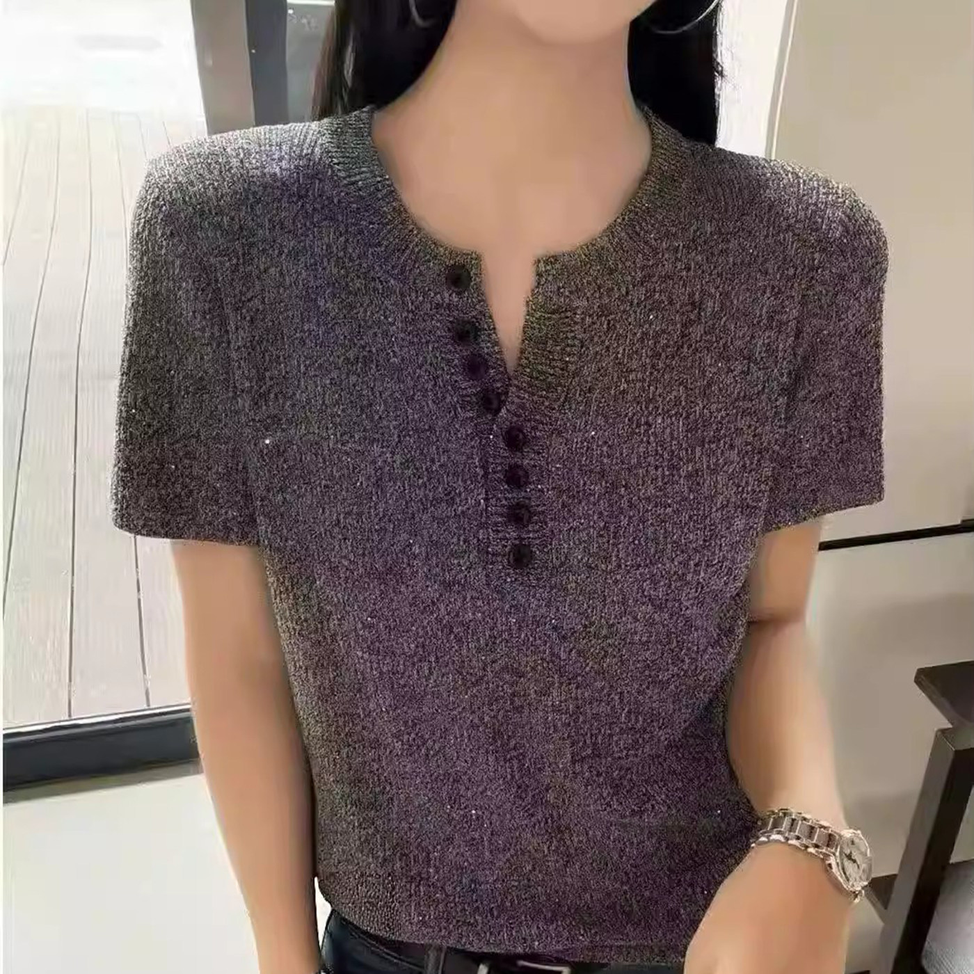 剪刀亨利领坑条针织衫女欧洲站2026春装新款欧货女装时尚打底衫潮