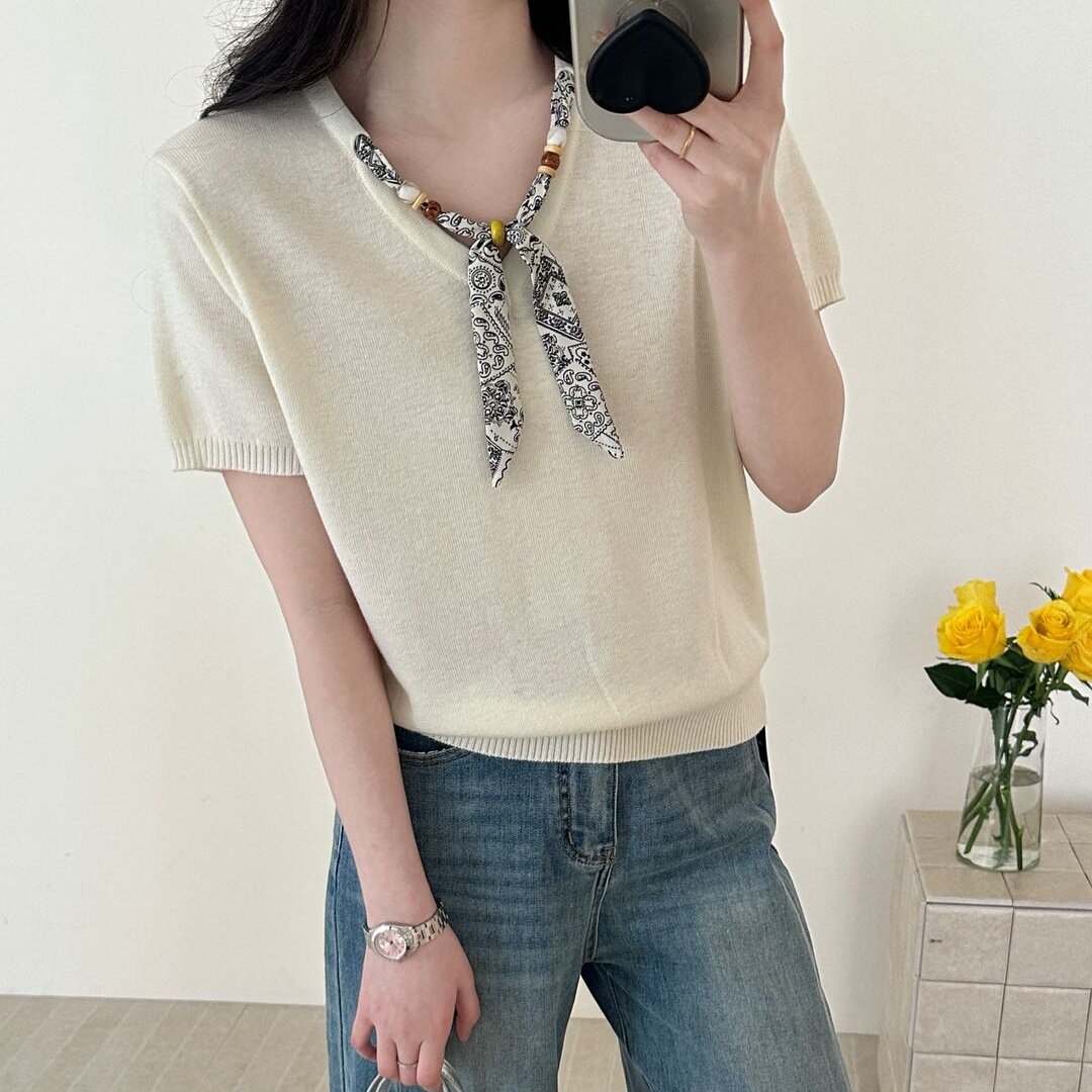 法式简约气质百搭针织衫女2026春夏季丝巾可拆卸V领套头休闲上衣