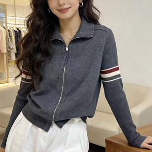立领双拉链春季时尚翻领拼接撞色针织开衫女毛衣外套上衣软糯条纹