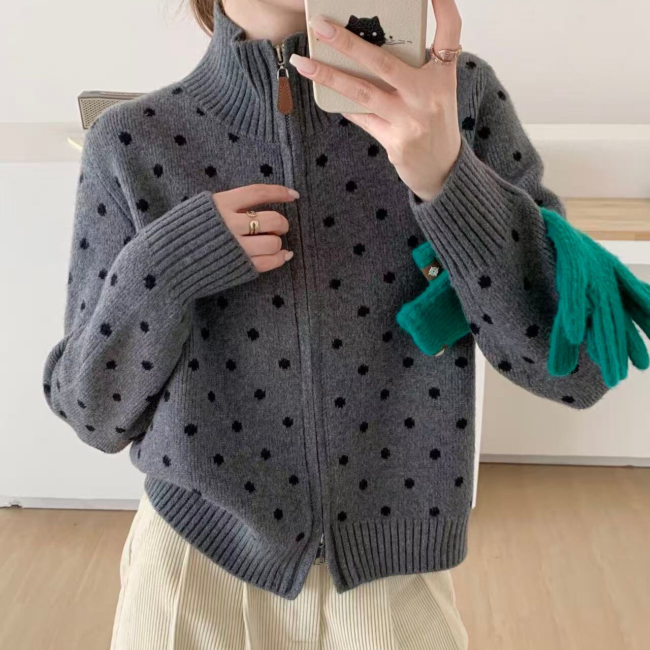 时尚设计感圆点拉链针织开衫女宽松秋冬韩系显瘦毛衣百搭上衣外套