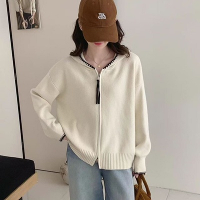 连帽针织开衫双拉链慵懒毛衣外套