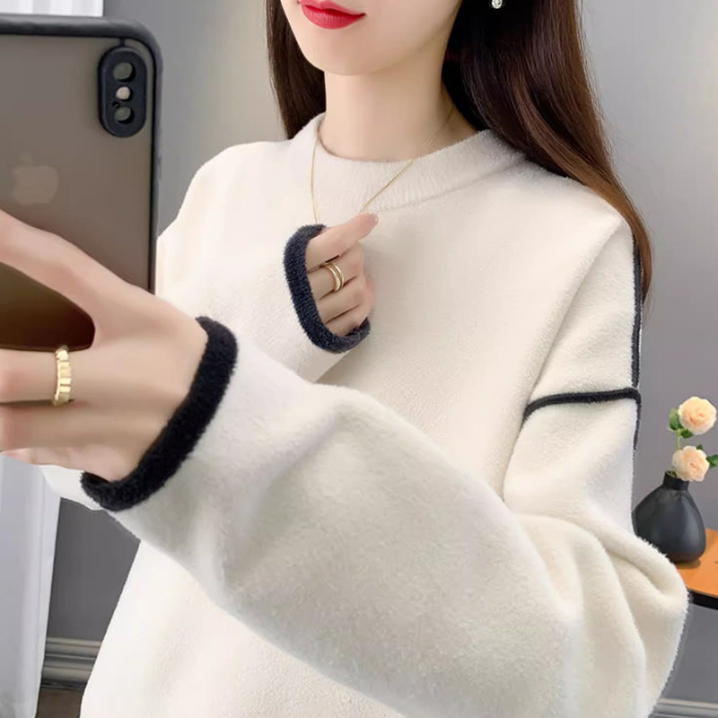 不起球撞色拼接打底针织衫中长款毛衣女宽松休闲2025秋冬韩系加厚,女装/女士精品,毛衣,淘宝优惠券,粉丝福利购,淘宝优惠卷