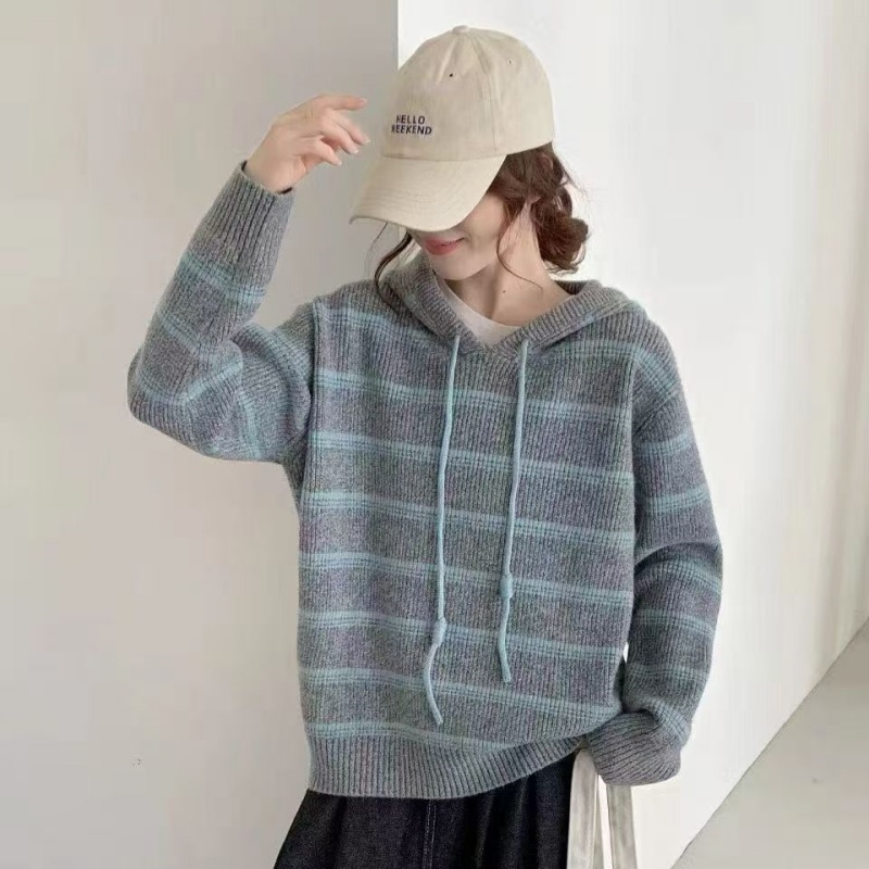 女条纹连帽针织上衣帽衫宽松毛衣