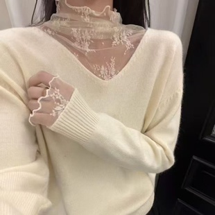 洋气打底小衫 蕾丝刺绣高领针织衫 欧货女装 新款 女欧洲站2025秋冬装
