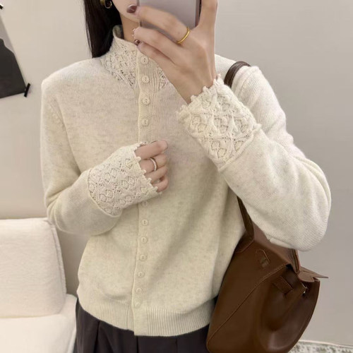 镂空钩花冬女立领单排扣开衫毛衣