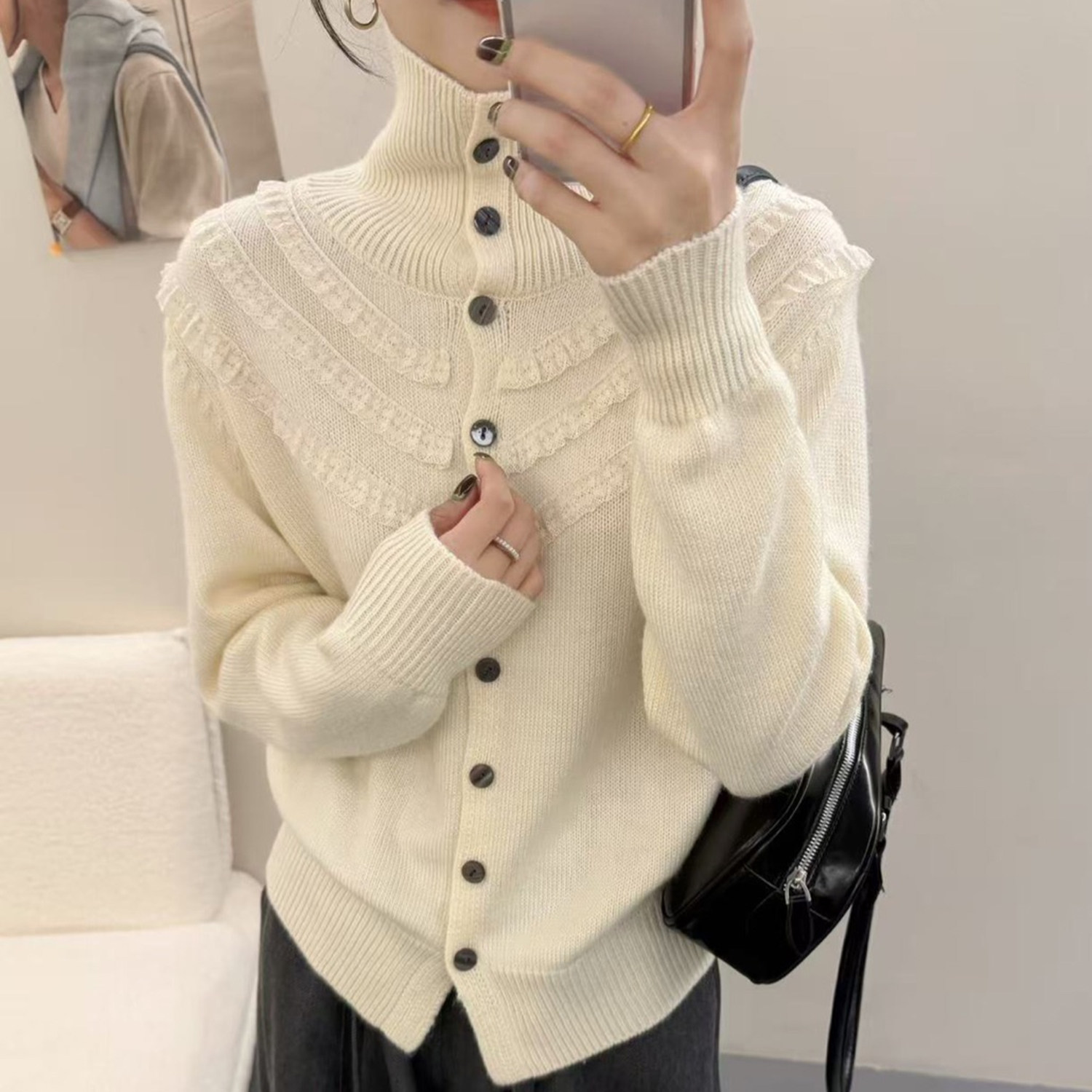 淑女风花边设计感高领浣熊绒开衫秋冬新款韩系气质百搭毛衣外套女,女装/女士精品,毛衣,淘宝优惠券,粉丝福利购,淘宝优惠卷