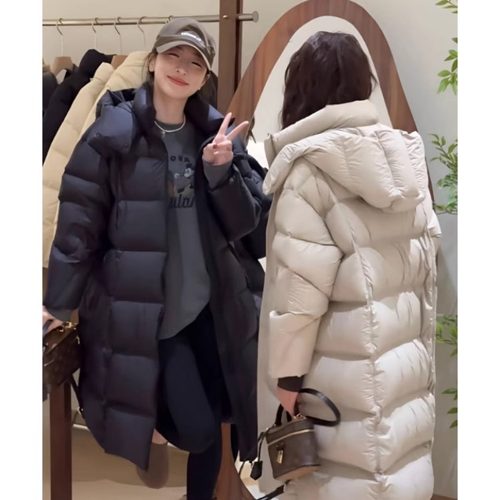 2025新款白鸭绒羽绒服女中长过膝加厚保暖百搭外套冬韩版休闲连帽