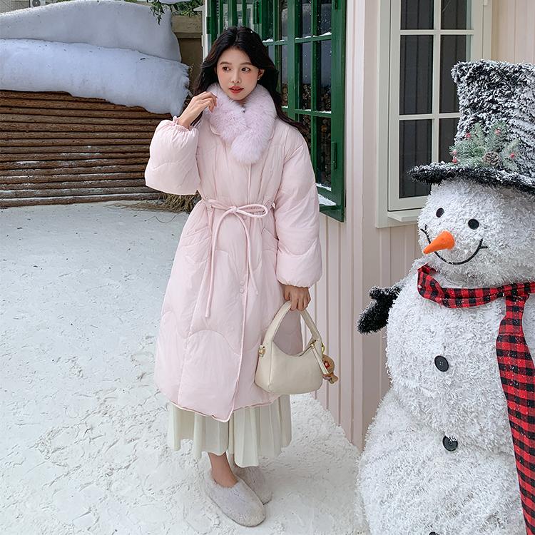 韩版设计感系带收腰狐狸毛羽绒服
