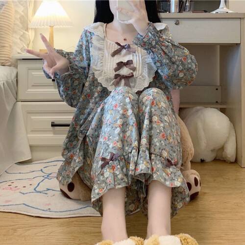 法式甜美公主风家居服套装春秋季胖mm2宽松睡衣