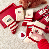 登元 卡通可爱刺绣中筒袜女冬季 保暖加厚澳绒条纹袜子红色新年袜