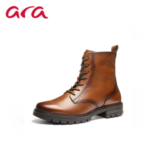 ara真皮厚底马丁靴女秋冬工装靴棕色短靴系带靴子 G楦 25A11260