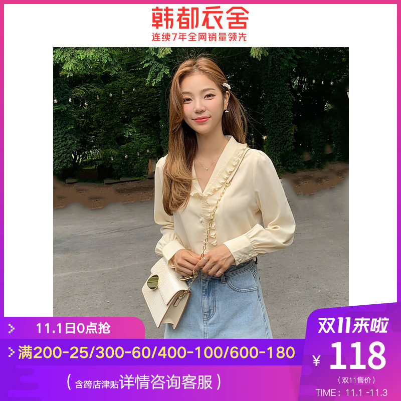 韩都衣舍2020秋新款女装韩版百搭上衣轻熟花瓣领长袖衬衫PV9185勝
