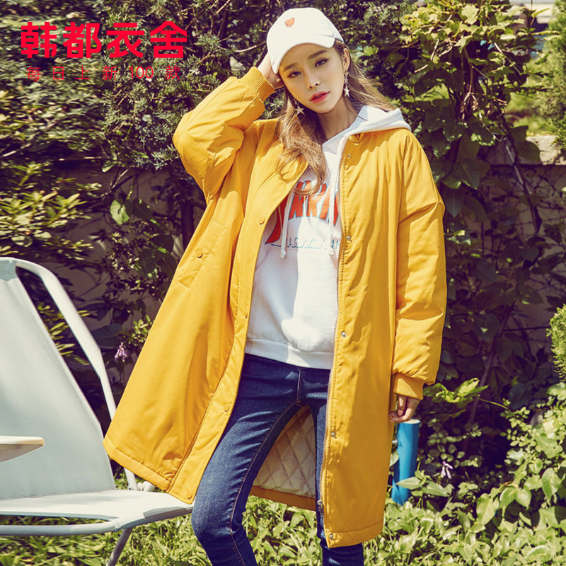 韩都衣舍2020冬装新款时尚工装外套潮中长款黄色棉衣棉服IG8185僥