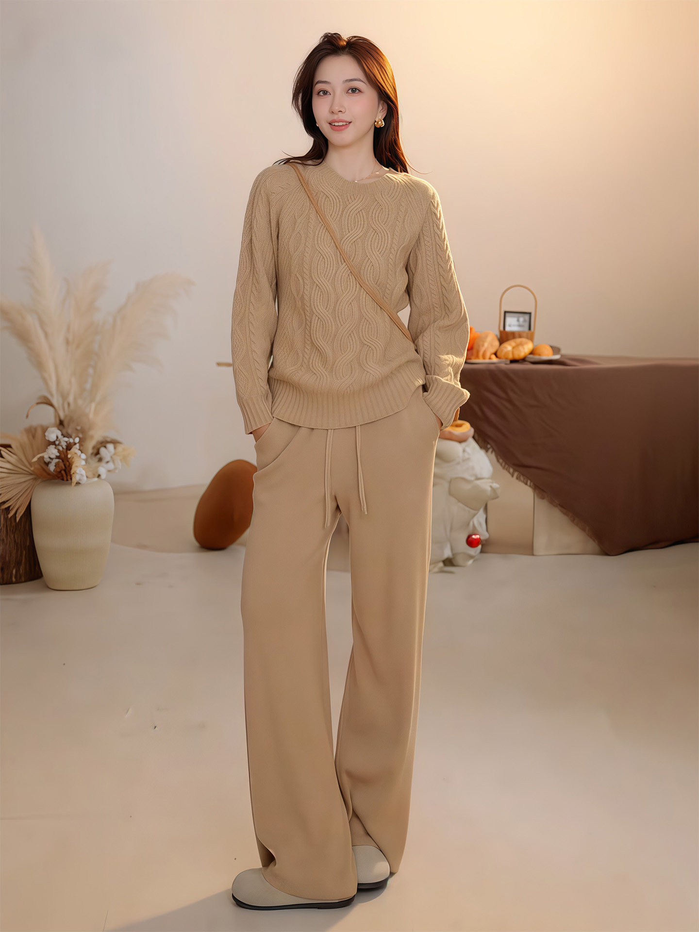 时尚休闲套装女2026秋季新款咖色气质减龄麻花针织衫阔腿裤两件套