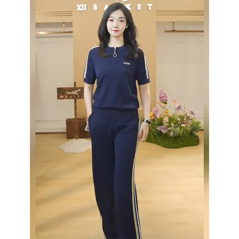 休闲运动短袖套装女2025年夏季新款洋气高端半拉链上衣阔腿裤两件