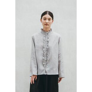 夏季女士纯汉麻长袖衬衣花瓣领花瓣门襟法式17支100%大麻透气抑菌