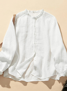 纯汉麻女士衬衣折花领袖法式17支100%大麻吸湿透气抗菌抑菌圆领