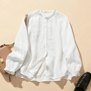 纯汉麻女士衬衣折花领袖法式17支100%大麻吸湿透气抗菌抑菌圆领