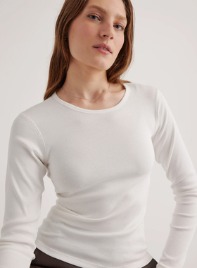 女士针织衫圆领长袖针织螺纹弹力有机棉长绒棉修身显瘦T恤柔软