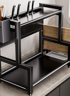 厨房置物架不锈钢刀架筷子调味用品收纳架台面多层黑色调料架家用