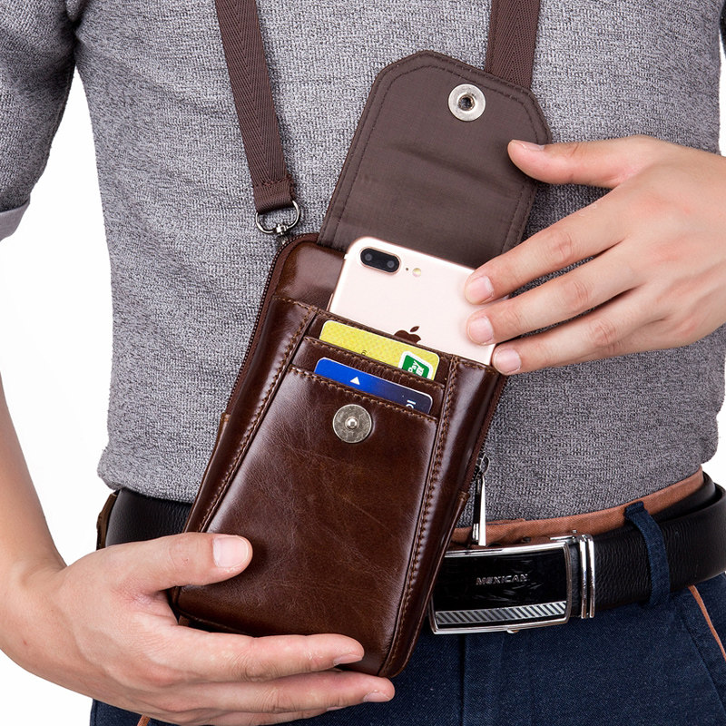 真皮单肩斜挎包手机包男士头层牛皮穿皮带腰包袋夏季迷你双层小包