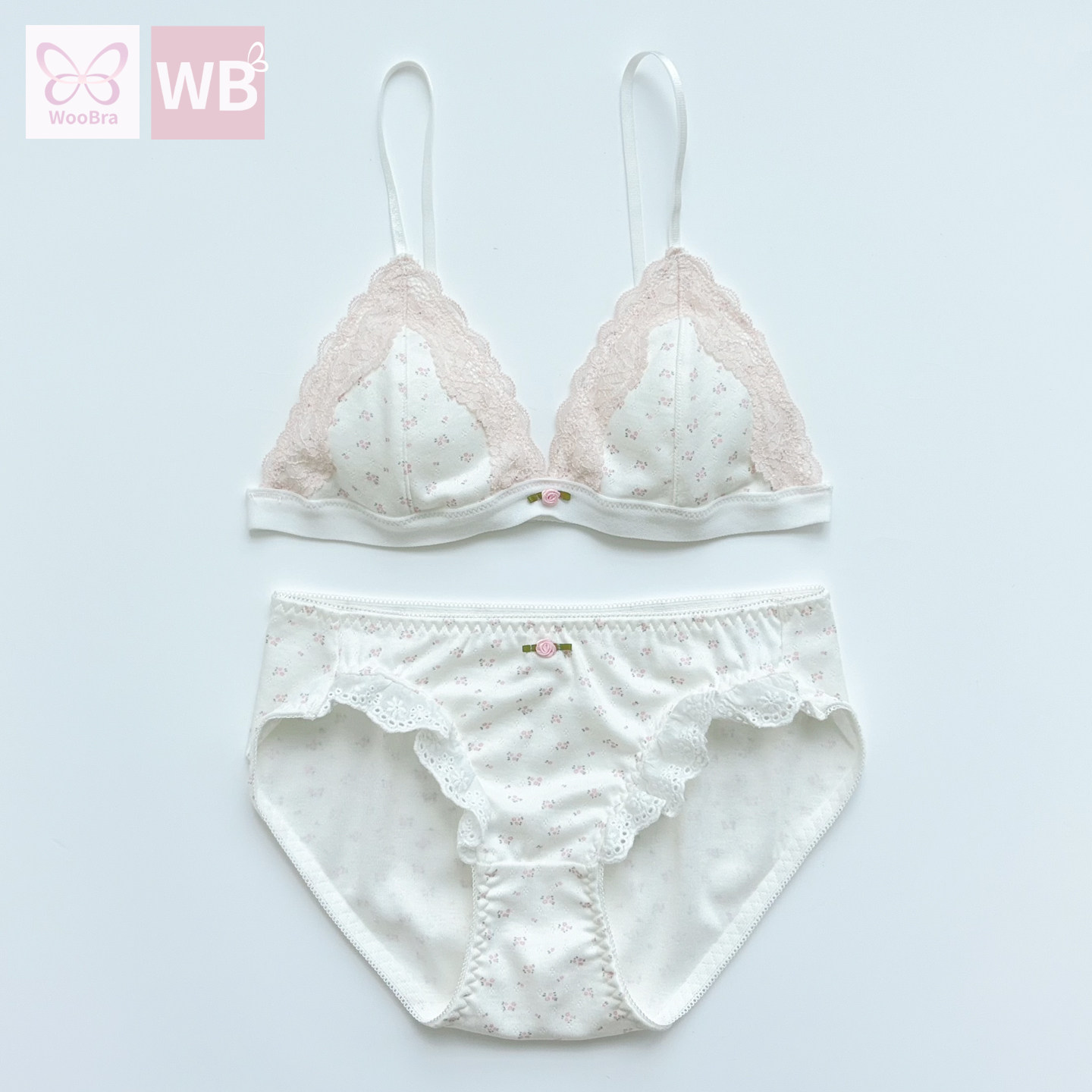 荔枝家WooBra甜美蕾丝边小碎花印花舒适无钢圈比基尼式内衣套装