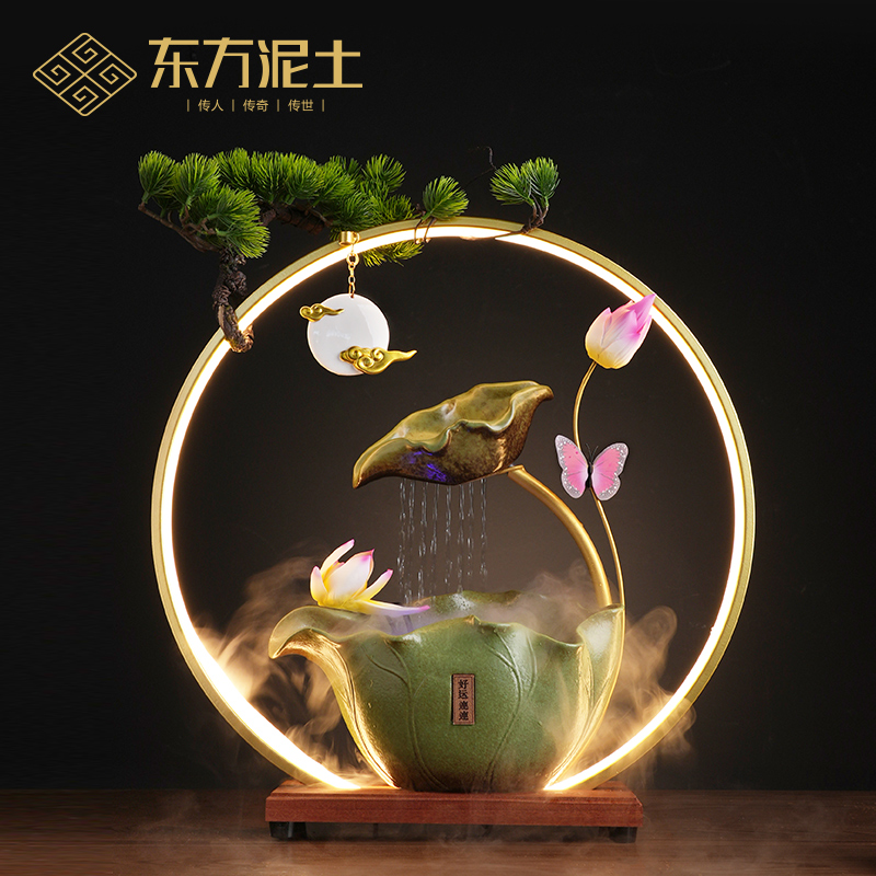 东方泥土流水循环水摆件生财陶瓷荷花家居室内客厅装饰品开 业礼