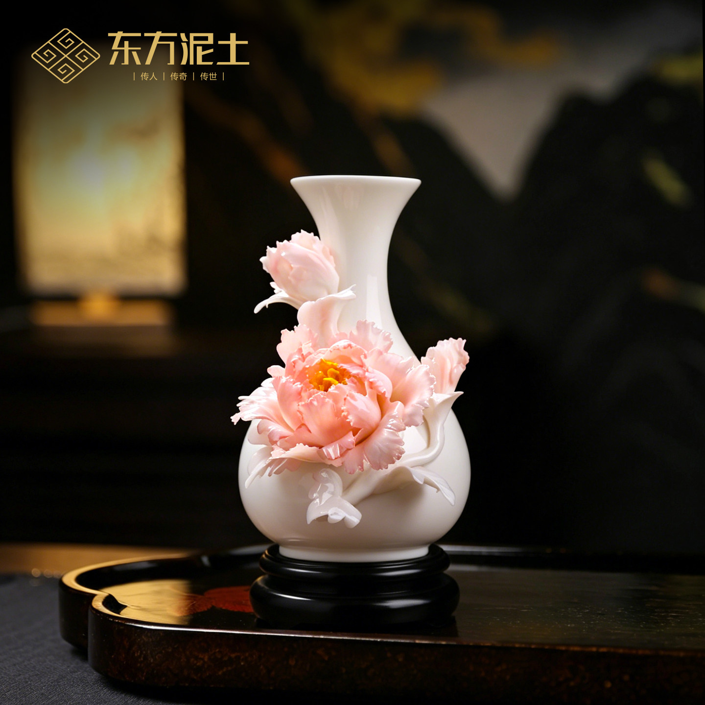 非遗手工陶瓷翠牡丹花瓶摆件