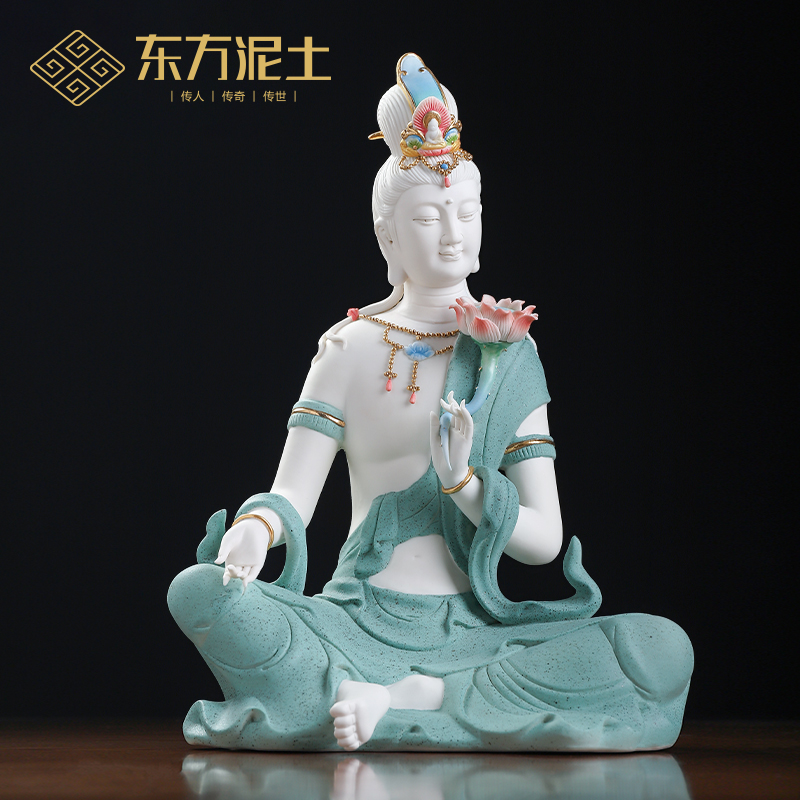 东方泥土陶瓷莲花水月观音佛像摆件德化白瓷雕塑艺术客厅装饰摆设