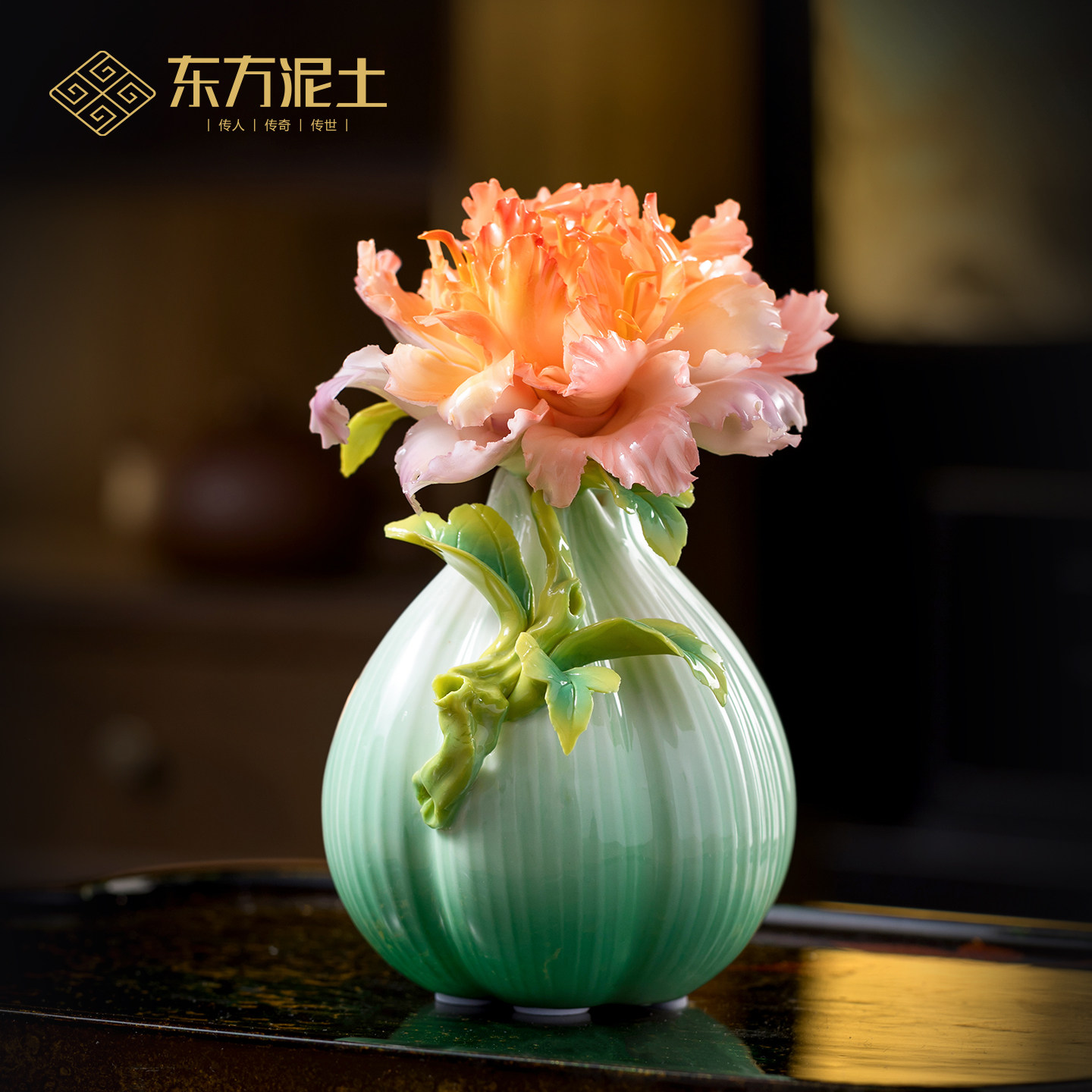 东方泥土 非遗手工陶瓷牡丹釉下彩花朵洋葱瓶轻奢高级感花瓶摆件