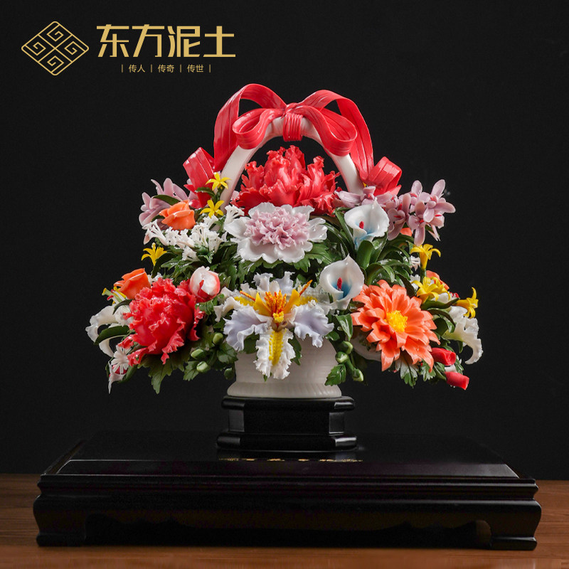 东方泥土《百花争艳》陶瓷大花蓝摆件酒店大厅装饰品公司开业礼品