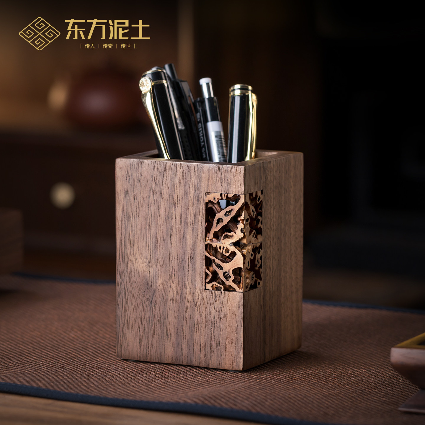 东方泥土手工胡桃木核桃镂空茶筒笔筒中式复古茶桌木质茶道配件